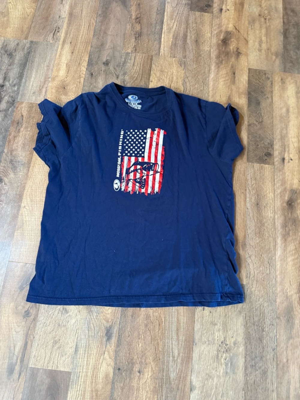 Mossy Oak Navy Blue Short Sleeve Tee with American Flag Graphic